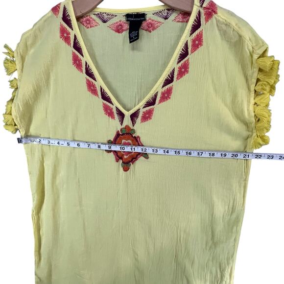 Moda International Y2K Tunic Top S Butter Yellow Embroidered Tassels Boho Beach - Picture 6 of 11